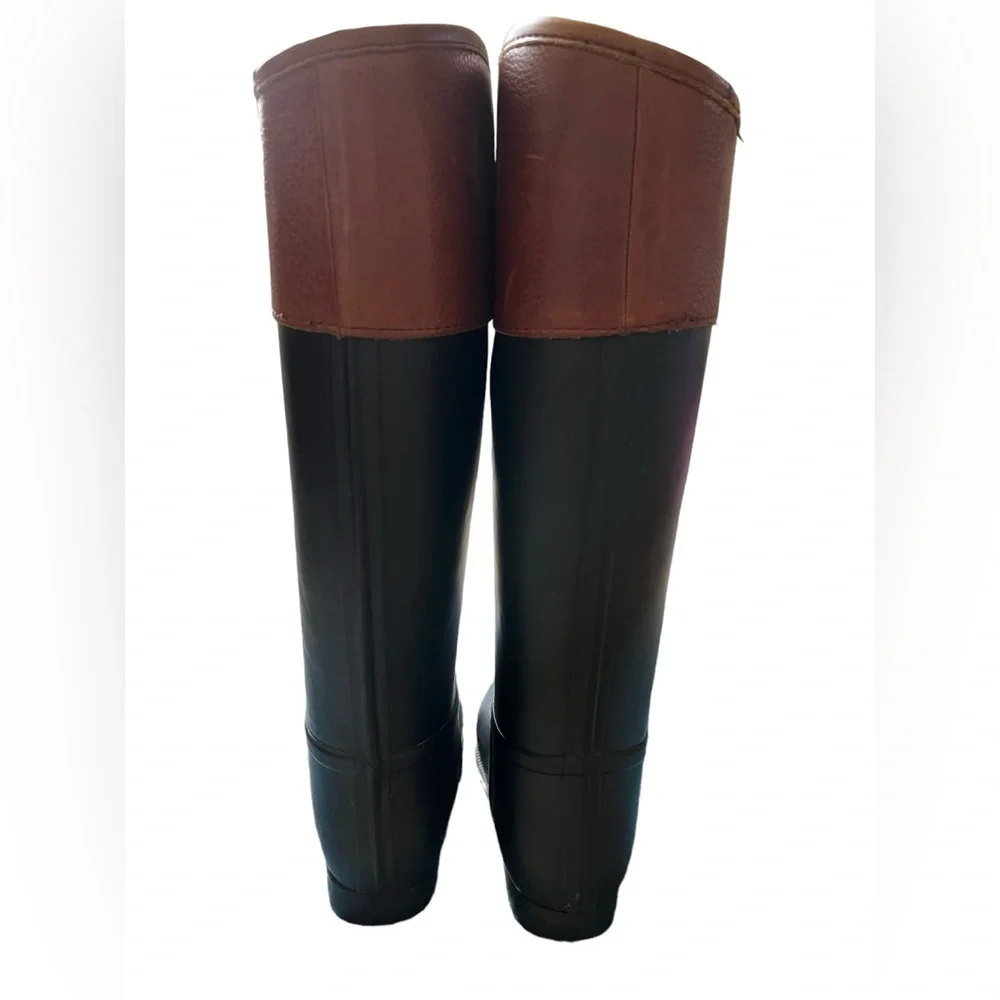 Tory Burch Diana Rubber Riding Boot Women's 8‎ 2 Tone Black/Brown With Box READ✅